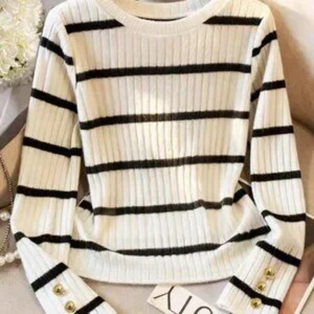 Black And White Casual Women's Ribbed Crew Neck Long Sleeve Thick T-Shirt